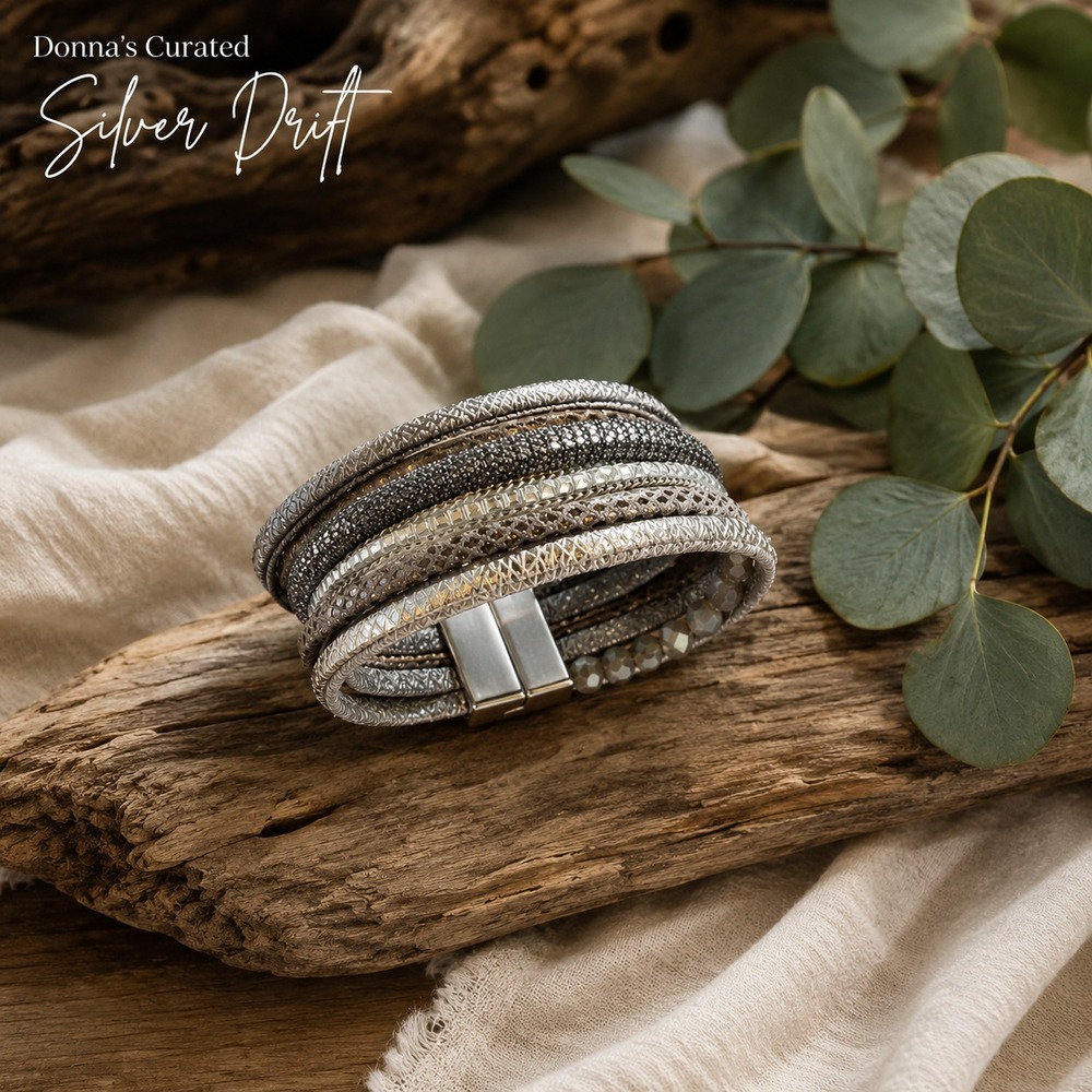 Donna's Curated Silver Drift‎ Multi Strand Magnetic Wrap Bracelet Gray Crystal